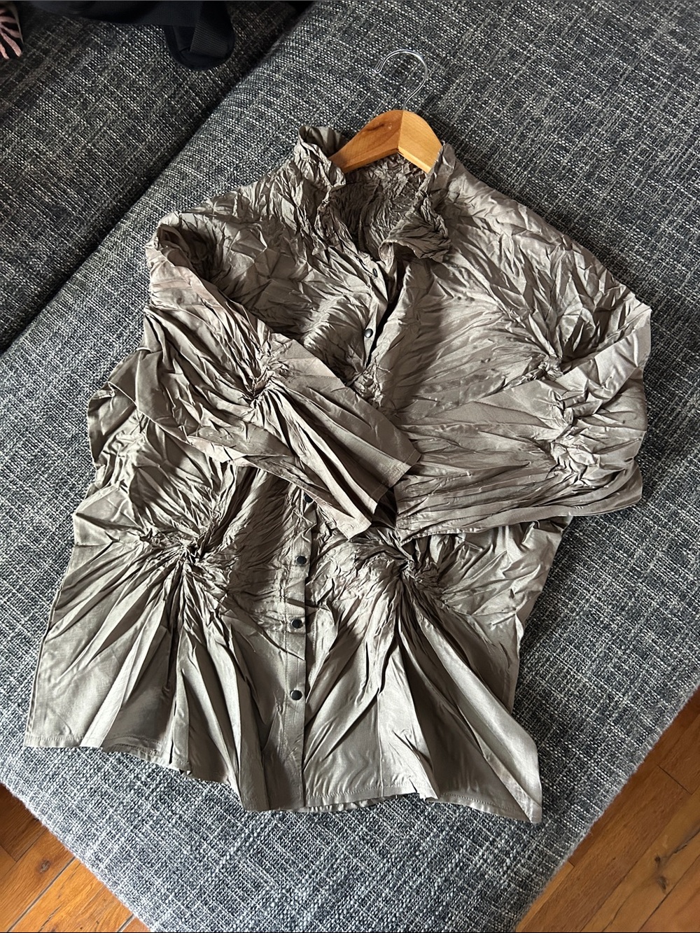 Miyake-inspired Crinkle Detail Snap-Front Top in Taupe